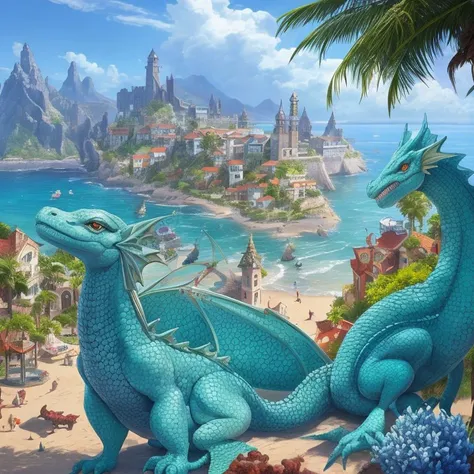 ancient, palm-sized dragons with plump bodies, known for their endearing expressions and gentle puffs of smoke, A charming seaside town where merfolk live in harmony, sharing stories and songs