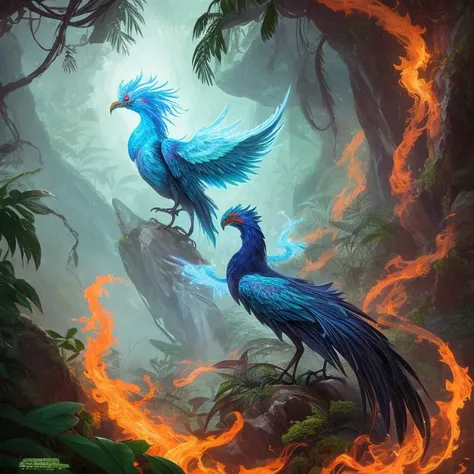 Make a top-notch, highly detailed illustration, ghostly, phoenix, a dense tropical rainforest