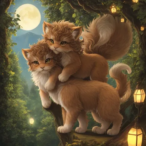 illustrious, Delightful, little manticore cubs with fluffy manes and playful paws, Enchanting, small will-o'-the-wisps flickering with gentle, soothing lights, with a forest backdrop in the background