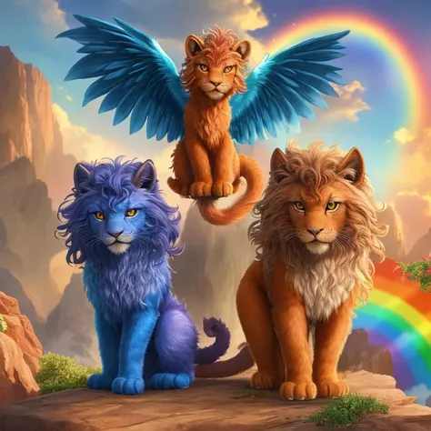 fabled, Endearing, manticore cubs, lovable creatures with shimmering, rainbow manes, with a sunrise in the background