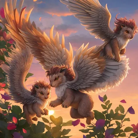 supernatural, Cute, dainty griffins dancing on leaves and flower petals, Delightful, little manticore cubs with fluffy manes and playful paws, with a sunrise in the background