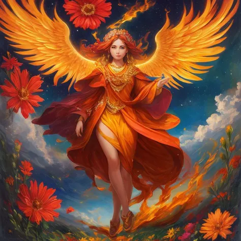 portrait, transcendent, phoenix, with a flower field