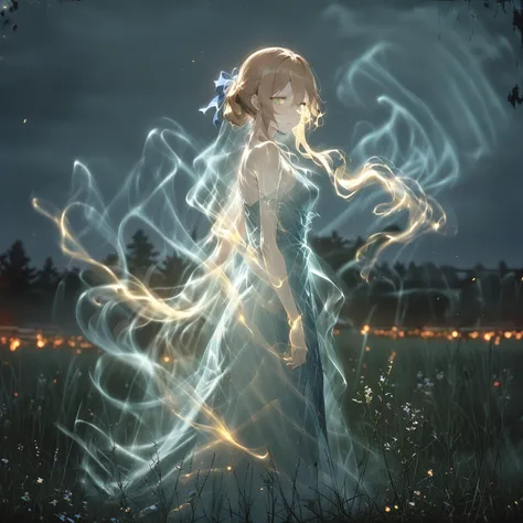 1girl, solo, springfield \(girls' frontline\), girls' frontline, long hair, dress, blue dress, evening gown, <lora:RPGLightOfAnZhuXL:0.75> light-of-anzhu, abstract, portrait, looking at viewer, floating hair, glowing, abstract, blue-core, yellow-trail, particles, light particles, transparent, night, field, flower, depth of field, blurry background, masterpiece, best quality, very aesthetic, absurdres