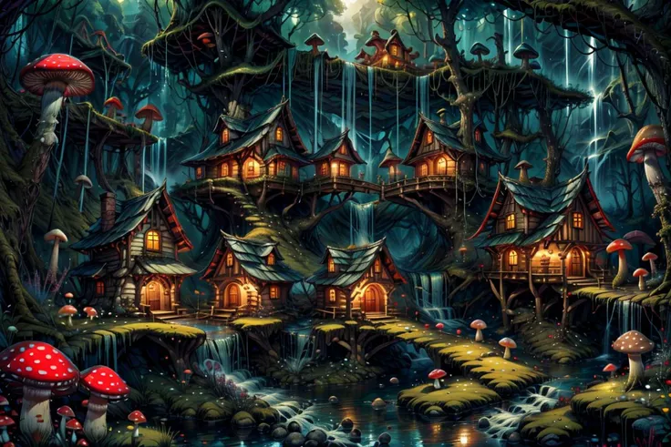 ((masterpiece,best quality)), absurdres, 8k, intricate, high detail,
<lora:Magical_Forest_Home_v2:0.8>, Magical_Forest_Home,
a village of mushroom houses near a babbling brook, waterfall, bridges,
mushrooms, Mushroom house, magic, glowing, <lora:more_details:0.7>