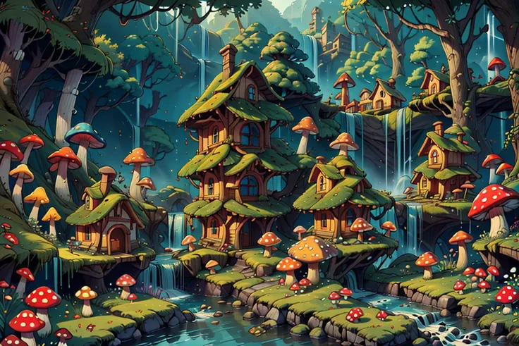 ((masterpiece,best quality)), absurdres, 8k, intricate, high detail,
<lora:Magical_Forest_Home_v2:0.8>, Magical_Forest_Home,
a village of mushroom houses near a babbling brook, waterfall, bridges,
mushrooms, Mushroom house, magic, glowing,