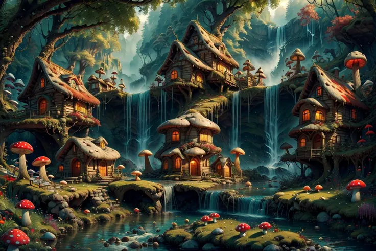 ((masterpiece,best quality)), absurdres, 8k, intricate, high detail,
<lora:Magical_Forest_Home_v2:0.8>, Magical_Forest_Home,
a village of mushroom houses near a babbling brook, waterfall, bridges,
mushrooms, Mushroom house, magic, mist, sunny day,