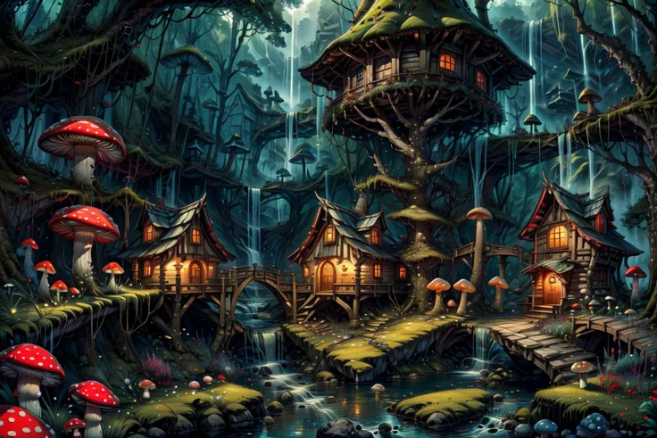 ((masterpiece,best quality)), absurdres, 8k, intricate, high detail,
<lora:Magical_Forest_Home_v2:0.8>, Magical_Forest_Home,
a village of mushroom houses near a babbling brook, waterfall, bridges,
mushrooms, Mushroom house, magic, glowing, <lora:more_details:0.7>