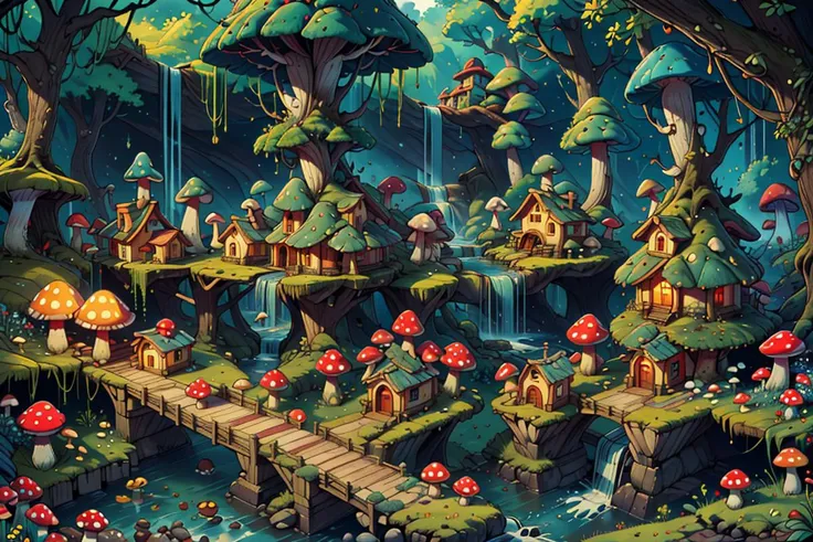 ((masterpiece,best quality)), absurdres, 8k, intricate, high detail,
<lora:Magical_Forest_Home_v2:0.8>, Magical_Forest_Home,
a village of mushroom houses near a babbling brook, waterfall, bridges,
mushrooms, Mushroom house, magic, glowing,