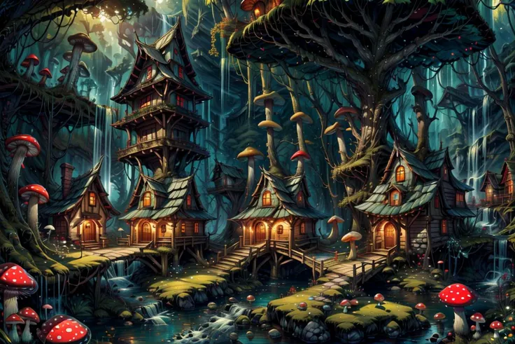((masterpiece,best quality)), absurdres, 8k, intricate, high detail,
<lora:Magical_Forest_Home_v2:0.8>, Magical_Forest_Home,
a village of mushroom houses near a babbling brook, waterfall, bridges,
mushrooms, Mushroom house, magic, glowing, <lora:more_details:0.7>