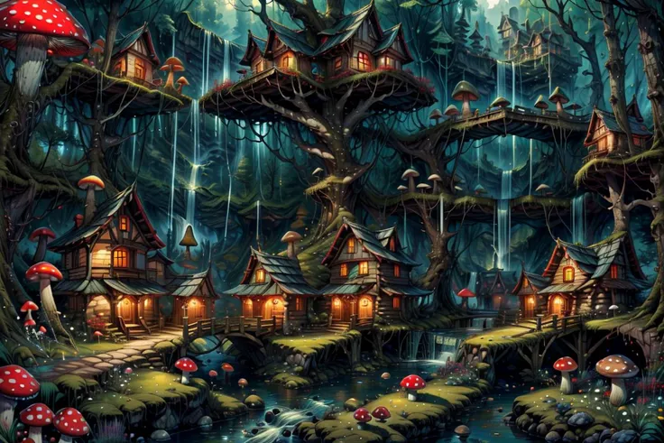 ((masterpiece,best quality)), absurdres, 8k, intricate, high detail,
<lora:Magical_Forest_Home_v2:0.8>, Magical_Forest_Home,
a village of mushroom houses near a babbling brook, waterfall, bridges,
mushrooms, Mushroom house, magic, glowing, <lora:more_details:0.7>
