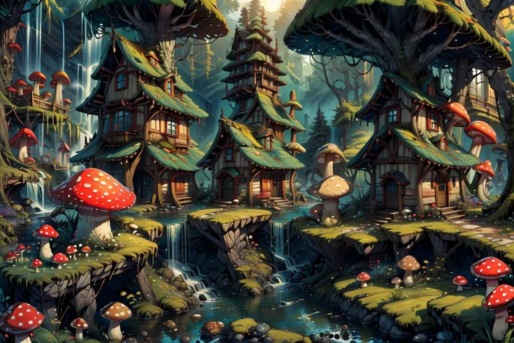 ((masterpiece,best quality)), absurdres, 8k, intricate, high detail,
<lora:Magical_Forest_Home_v2:0.8>, Magical_Forest_Home,
a village of mushroom houses near a babbling brook, waterfall, bridges,
mushrooms, Mushroom house, magic, mist, sunny day,