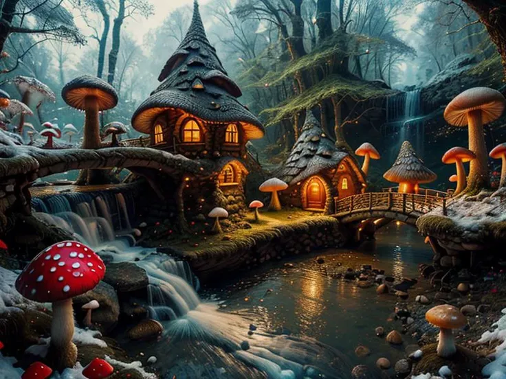((masterpiece,best quality)), absurdres, 8k, intricate, high detail, <lora:Magical_Forest_Home_v2:0.8>, 1girl, mushrroom, mystical forest,bridges, mushrooms, Mushroom castle, magic, winter, snow, christmas, waterfalls, waterfall, river, ice, photorealistc, christmas lights, 4k, realistic