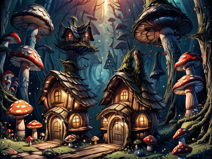 ((masterpiece,best quality)), absurdres, 8k, intricate, high detail, <lora:Magical_Forest_Home_v2:0.8>, Magical_Forest_Home, (detailed wooden door:1), mushrooms, Mushroom house, magic, glowing,<lora:more_details:0.8>