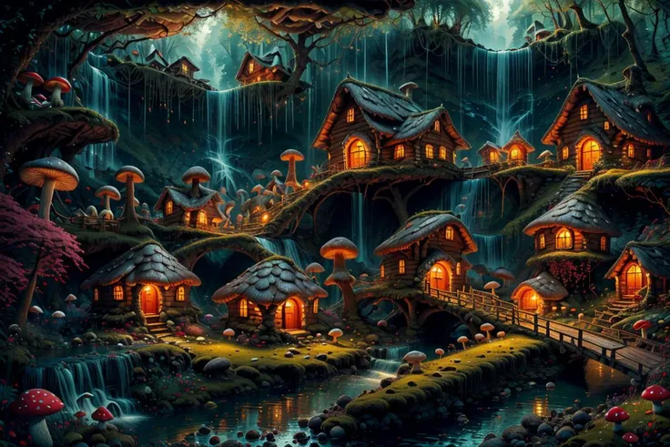 ((masterpiece,best quality)), absurdres, 8k, intricate, high detail,
<lora:Magical_Forest_Home_v2:0.8>, Magical_Forest_Home,
a village of mushroom houses near a babbling brook, waterfall, bridges,
mushrooms, Mushroom house, magic, glowing,