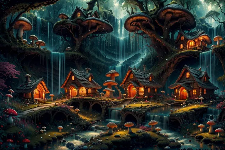 ((masterpiece,best quality)), absurdres, 8k, intricate, high detail,
<lora:Magical_Forest_Home_v2:0.8>, Magical_Forest_Home,
a village of mushroom houses near a babbling brook, waterfall, bridges,
mushrooms, Mushroom house, magic, glowing,