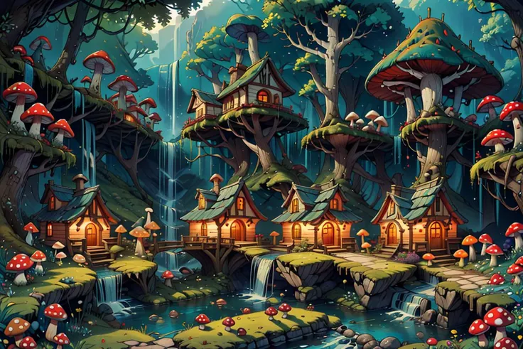 ((masterpiece,best quality)), absurdres, 8k, intricate, high detail,
<lora:Magical_Forest_Home_v2:0.8>, Magical_Forest_Home,
a village of mushroom houses near a babbling brook, waterfall, bridges,
mushrooms, Mushroom house, magic, glowing,