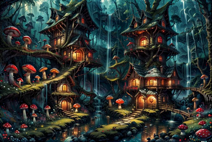 ((masterpiece,best quality)), absurdres, 8k, intricate, high detail,   
<lora:Magical_Forest_Home_v2:0.8>, Magical_Forest_Home,
a village of mushroom houses near a babbling brook, waterfall, bridges, 
mushrooms, Mushroom house, magic, glowing, <lora:more_details:0.7>