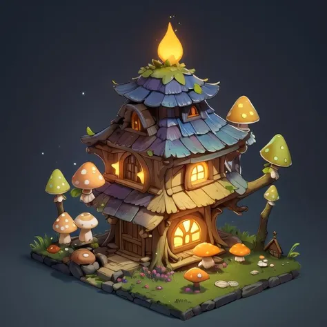 ((masterpiece,best quality)), absurdres,
 <lora:Stylized_Setting_Mushrooms:1>, Isometric_Setting, Mushroom_Girl, mushrooms, 
Mushroom house, magic, glowing,