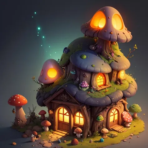 ((masterpiece,best quality)), absurdres,
 <lora:Stylized_Setting_Mushrooms:1>, Isometric_Setting, Mushroom_Girl, mushrooms, 
Mushroom house, magic, glowing,