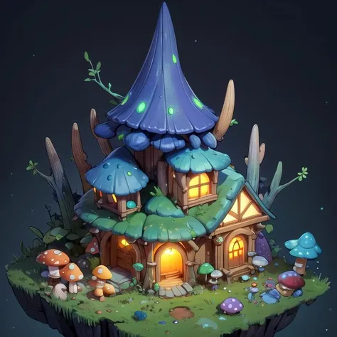 ((masterpiece,best quality)), absurdres,
 <lora:Stylized_Setting_Mushrooms:1>, Isometric_Setting, Mushroom_Girl, mushrooms, 
Mushroom house, magic, glowing,