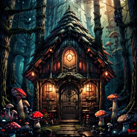 ((masterpiece,best quality)), absurdres, 8k, intricate, high detail,
<lora:Magical_Forest_Home_v2:0.8>, Magical_Forest_Home, (detailed wooden door:1), mushrooms, Mushroom house, magic, glowing,
<lora:more_details:0.7>