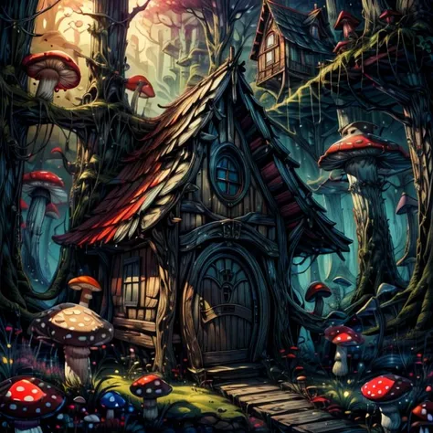 ((masterpiece,best quality)), absurdres, 8k, intricate, high detail,
<lora:Magical_Forest_Home_v2:0.8>, Magical_Forest_Home, (detailed wooden door:1), mushrooms, Mushroom house, magic, glowing,
<lora:more_details:0.7>