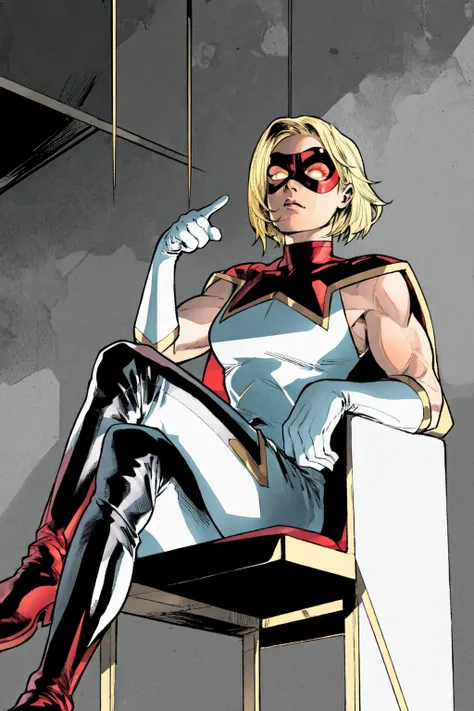 Ryan Ripley, blonde hair, bodysuit, boots, cape, chair, crossed legs, gloves, glowing eyes, mask, muscular, shadow, short hair, sitting, superhero, white gloves<lora:STAR:0.7> <lora:more_details:0.3>