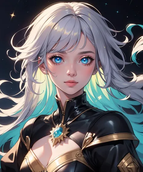 (masterpiece), (best quality), (vibrant light colors), Super Detail, illustration, a girl, beautiful detailed eyes, stars, messy floating hair, depth of field, portrait