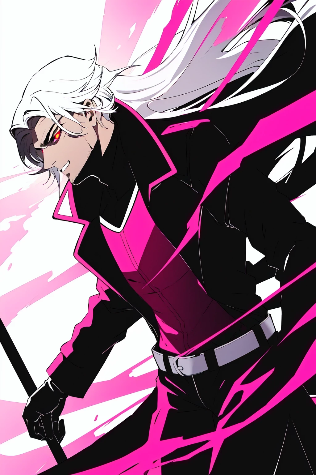 Gambit, Le Diablo Blanc, Remy Lebeau, Death, Horseman of Apocalypse, long hair, looking at viewer colored skin, black skin,gloves, jacket, weapon, white hair, open clothes, teeth, black gloves, belt, pants, coat, glowing eyes, leather, trench coat, specular highlights, dynamic angle, dynamic lighting, rim lighting, side lighting, extreme light and shadow, fxaa,<lora:Remy_Lebeau-XMEN:0.5>