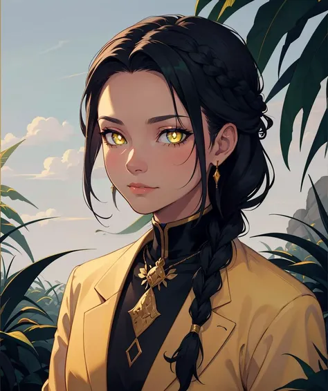 (best quality, masterpiece:1.1), SFW, 1 Girl, (Mauritian:1.2), (green french braid hairstyle), yellow trousers, spinel jewelry, Hauberk accents, glowing pupils, dark grey eyes, peaceful expression, savanna background, flat colors, cel shading, hard shadows,, portrait