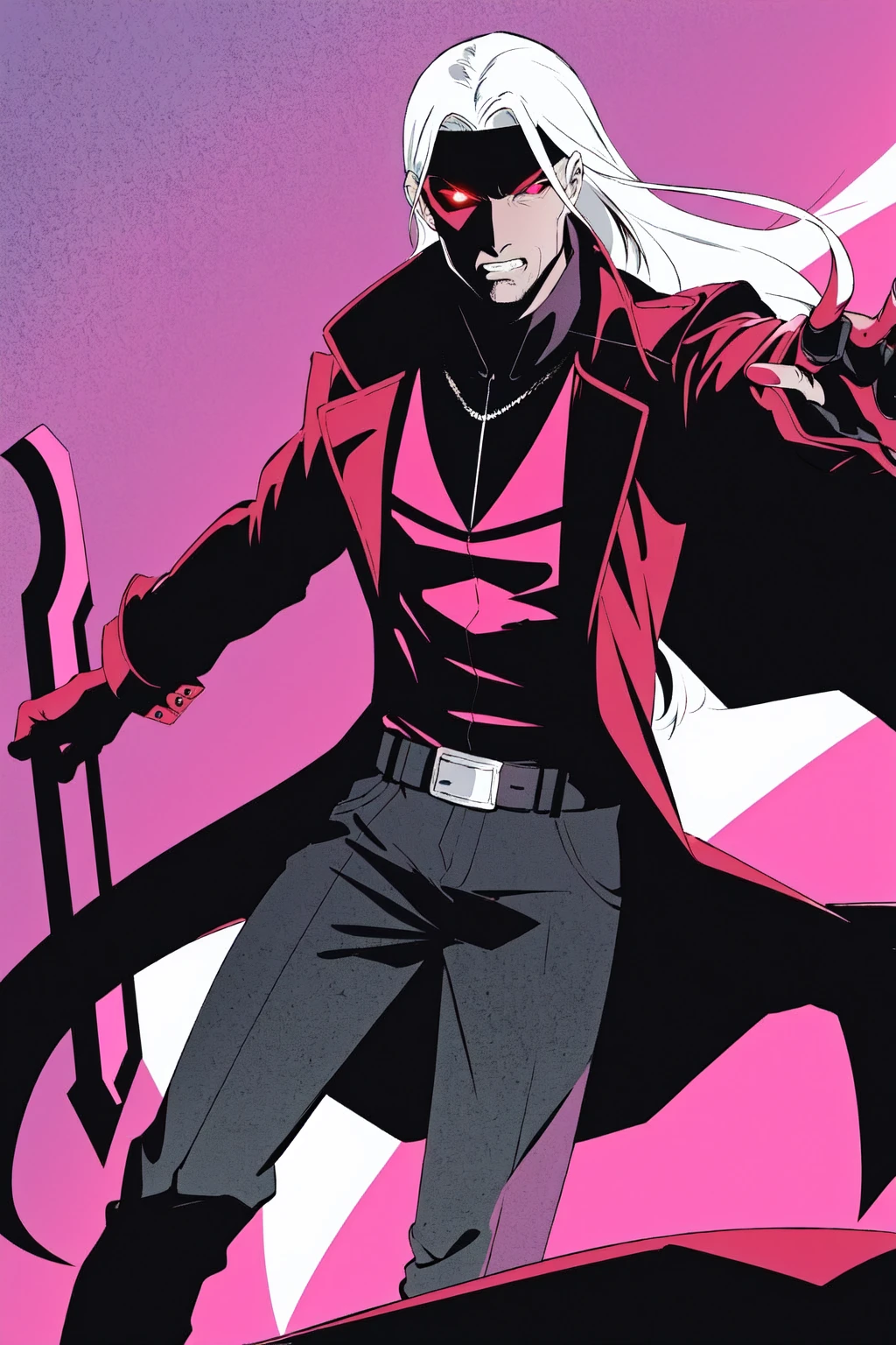 Gambit, Le Diablo Blanc, Remy Lebeau, Death, Horseman of Apocalypse, long hair, looking at viewer colored skin, black skin,gloves, jacket, weapon, white hair, open clothes, teeth, black gloves, belt, pants, coat, glowing eyes, leather, trench coat, specular highlights, dynamic angle, dynamic lighting, rim lighting, side lighting, extreme light and shadow, fxaa,<lora:Remy_Lebeau-XMEN:0.5>