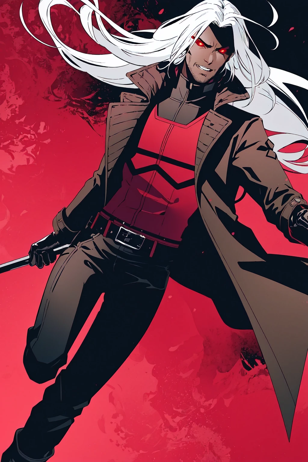 Gambit, Le Diablo Blanc, Remy Lebeau, Death, Horseman of Apocalypse, long hair, looking at viewer colored skin, black skin,gloves, jacket, weapon, white hair, open clothes, teeth, black gloves, belt, pants, coat, glowing eyes, leather, trench coat, specular highlights, dynamic angle, dynamic lighting, rim lighting, side lighting, extreme light and shadow, fxaa,<lora:Remy_Lebeau-XMEN:0.5>