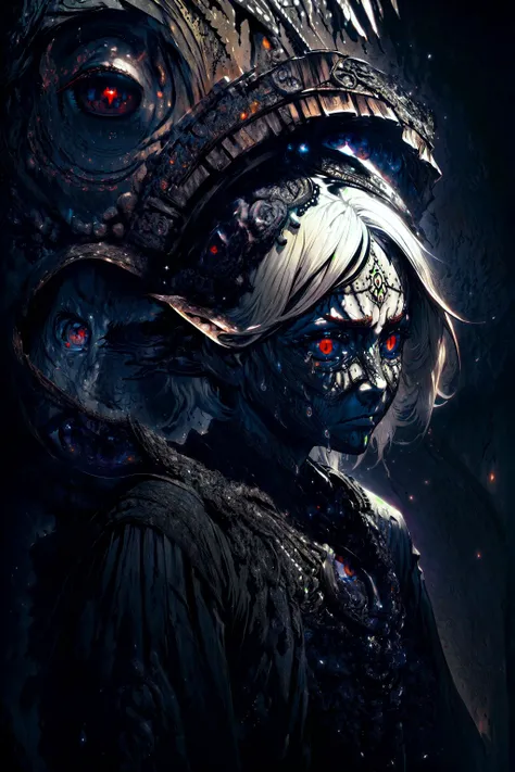 (best quality:1.5), (intricate emotional details:1.5), (sharpen details), (ultra detailed), (cinematic lighting), 1girl, white hair, red eyes, dark fantasy, black shadows shelter her, spiritual communication, horror, darkness <lora:more_details:0.8> <lora:kVoidEnergy:1> <lora:LAS:0.8> cloud,colorful, starry,stars