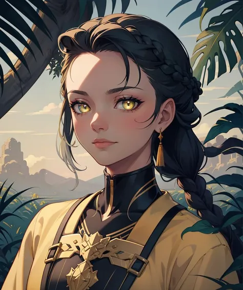 (best quality, masterpiece:1.1), SFW, 1 Girl, (Mauritian:1.2), (green french braid hairstyle), yellow trousers, spinel jewelry, Hauberk accents, glowing pupils, dark grey eyes, peaceful expression, savanna background, flat colors, cel shading, hard shadows,, portrait
