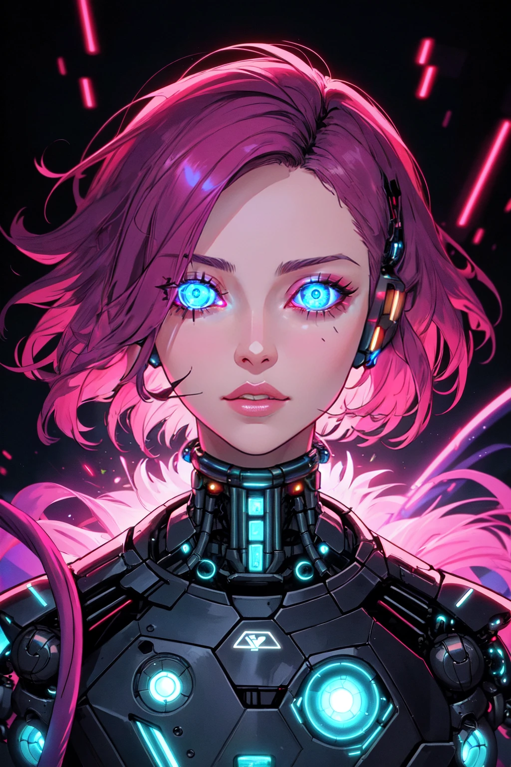 1girl, android, blue eyes, cable, cyberpunk, cyborg, glowing, glowing eyes, hologram, lips, looking at viewer, mechanical parts, parted lips, portrait, robot joints, science fiction, short hair, solo, glowing clothes, glowing hair, horror theme, pink outline, liminal space vibes, explosive,