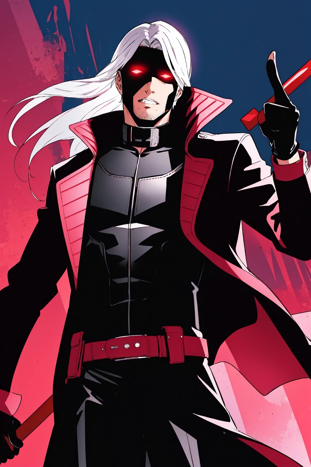 Gambit, Le Diablo Blanc, Remy Lebeau, Death, Horseman of Apocalypse, long hair, looking at viewer colored skin, black skin,gloves, jacket, weapon, white hair, open clothes, teeth, black gloves, belt, pants, coat, glowing eyes, leather, trench coat, specular highlights, dynamic angle, dynamic lighting, rim lighting, side lighting, extreme light and shadow, fxaa,<lora:Remy_Lebeau-XMEN:0.5>