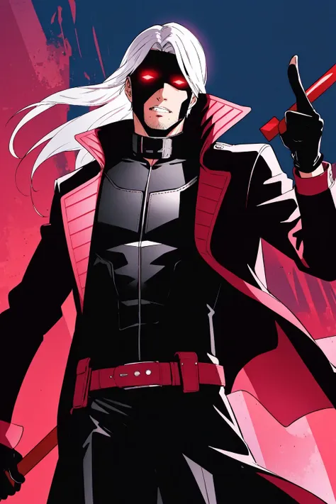 Gambit, Le Diablo Blanc, Remy Lebeau, Death, Horseman of Apocalypse, long hair, looking at viewer colored skin, black skin,gloves, jacket, weapon, white hair, open clothes, teeth, black gloves, belt, pants, coat,  glowing eyes, leather,  trench coat, specular highlights, dynamic angle, dynamic lighting, rim lighting, side lighting, extreme light and shadow, fxaa,<lora:Remy_Lebeau-XMEN:0.5>