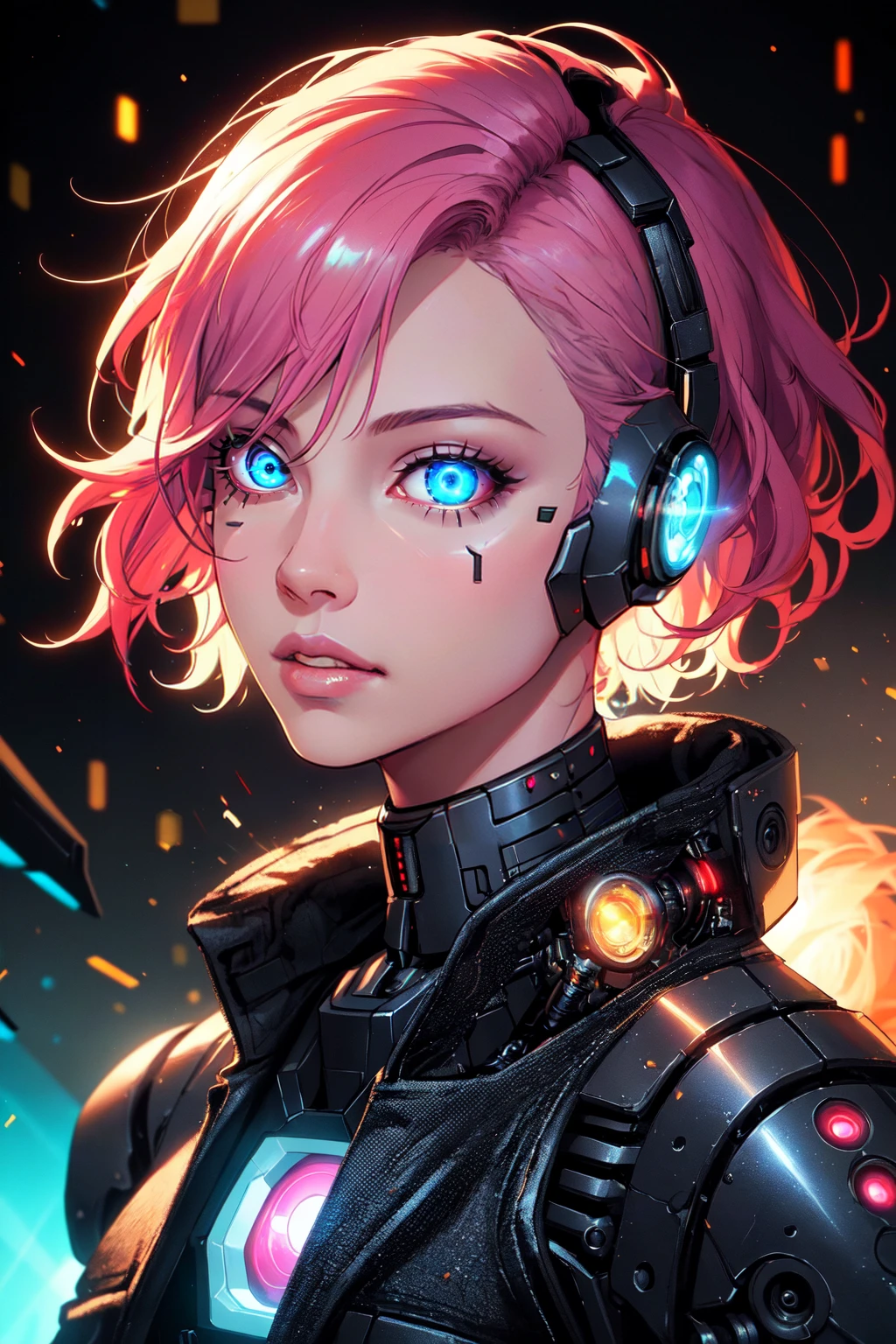 1girl, android, blue eyes, cable, cyberpunk, cyborg, glowing, glowing eyes, hologram, lips, looking at viewer, mechanical parts, parted lips, portrait, robot joints, science fiction, short hair, solo, glowing clothes, glowing hair, horror theme, pink outline, liminal space vibes, explosive, LimitBreakStyler