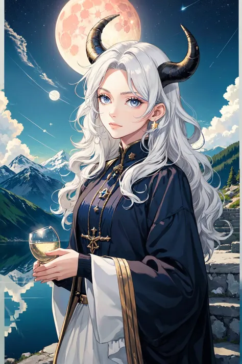 1girl, border, grey eyes, holding, horns, long hair, long sleeves, looking at viewer, moon, planet, solo, star (sky), upper body, wavy hair, white hair,blue sky, cloud, cloudy sky, day, mountain, outdoors, reflection, scenery, sky, stairs, water