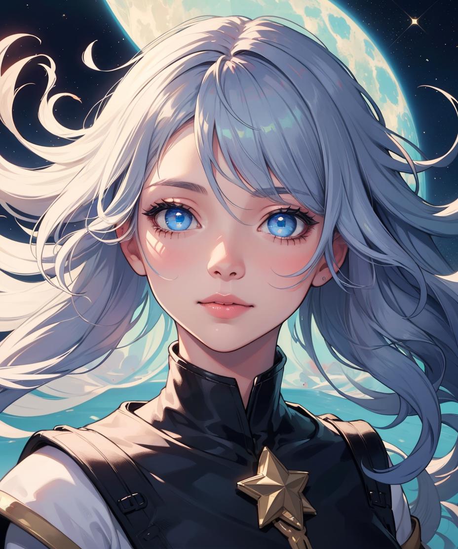 A woman with long hair and blue eyes stands in front of a full moon ...