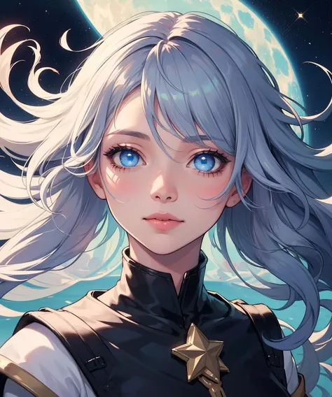 (masterpiece), (best quality), (vibrant light colors), Super Detail, illustration, a girl, beautiful detailed eyes, stars, messy floating hair, depth of field, portrait