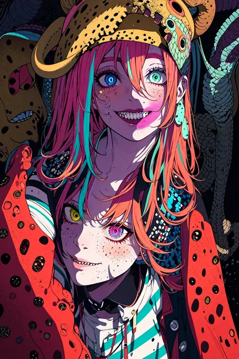 Beetlejuice, official art, 1 girl, solo, large breasts, (poltergeist, fantasy scene, demon),(zentangle, mandala, tangle, entangle:0.6), (demonic, semi realistic, demonic, shiny skin, textured skin),holographic eyes, heterochromia, purple eyes, striped jacket,striped shirt, two tone hair, streaked hair, multicolored hair, red hair, green hair, wild hair, evil scene,teeth, side lighting, ray tracing, depth of field, solo, extreme light and shadow, masterpiece, post apocalyptic, sexy, beautiful , scary, rich in detail,(detailed eyes), (handsome) detailed, (dirt splotches), (horror theme), (beetlejuice), detailed eyes,(straight-on),(masterpiece), (best quality), (ultra-detailed), (best illustration),(best shadow),rim lighting, beetlejuice, ((Beetlejuice)), crazy grin, crazy expression,