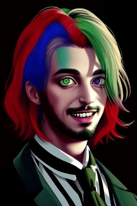 Beetlejuice, 1boy, male focus, solo, masculine, facial hair, beard, dirty face, (demonic, semi realistic),holographic eyes, heterochromia, purple eyes, striped jacket,striped shirt, two tone hair, streaked hair, multicolored hair, red hair, green hair, wild hair, evil scene, prison clothes, necktie, teeth, side lighting, ray tracing, depth of field, solo, extreme light and shadow, masterpiece, post apocalyptic, rich in detail,(detailed eyes), (handsome) detailed, (dirt splotches), extreme light and shadow, (beetlejuice), detailed eyes,(masterpiece), (extremely detailed CG unity 8k wallpaper),(best quality), (ultra-detailed), (best illustration),(best shadow),rim lighting, beetlejuice, ((Beetlejuice)), crazy grin, crazy expression,(zentangle, mandala, tangle, entangle:0.6),