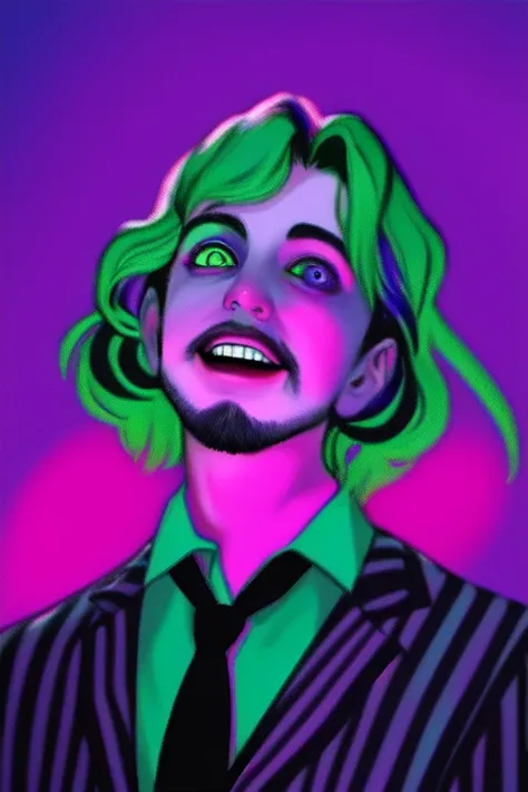 Beetlejuice, 1boy, male focus, solo, masculine, facial hair, beard, dirty face, (demonic, semi realistic),holographic eyes, heterochromia, purple eyes, striped jacket,striped shirt, two tone hair, streaked hair, multicolored hair, red hair, green hair, wild hair, evil scene, prison clothes, necktie, teeth, side lighting, ray tracing, depth of field, solo, extreme light and shadow, masterpiece, post apocalyptic, rich in detail,(detailed eyes), (handsome) detailed, (dirt splotches), extreme light and shadow, (beetlejuice), detailed eyes,(masterpiece), (extremely detailed CG unity 8k wallpaper),(best quality), (ultra-detailed), (best illustration),(best shadow),rim lighting, beetlejuice, ((Beetlejuice)), crazy grin, crazy expression,(zentangle, mandala, tangle, entangle:0.6),