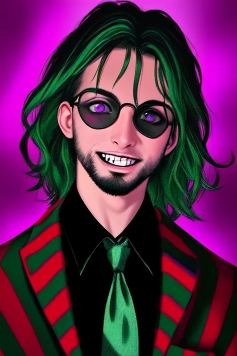 Beetlejuice, 1boy, male focus, solo, masculine, facial hair, beard, dirty face, (demonic, semi realistic),holographic eyes, heterochromia, purple eyes, striped jacket,striped shirt, two tone hair, streaked hair, multicolored hair, red hair, green hair, wild hair, evil scene, prison clothes, necktie, teeth, side lighting, ray tracing, depth of field, solo, extreme light and shadow, masterpiece, post apocalyptic, rich in detail,(detailed eyes), (handsome) detailed, (dirt splotches), extreme light and shadow, (beetlejuice), detailed eyes,(masterpiece), (extremely detailed CG unity 8k wallpaper),(best quality), (ultra-detailed), (best illustration),(best shadow),rim lighting, beetlejuice, ((Beetlejuice)), crazy grin, crazy expression,(zentangle, mandala, tangle, entangle:0.6),