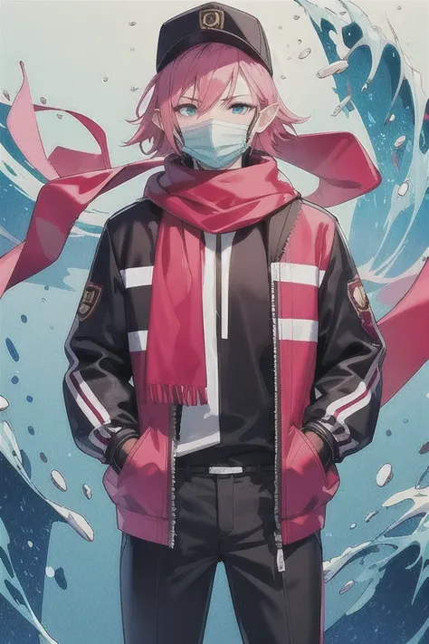 official art, unity 8k wallpaper, ultra detailed, beautiful and aesthetic, High quality, beautiful, masterpiece, best quality, (zentangle, mandala, tangle, entangle:0.6),pink hair, solo, hat, mask, mask pull, pants, mouth mask, looking at viewer, jacket, 1boy, blue eyes, hand in pocket, male focus, hood, short hair, long sleeves, scarf, black pants, baseball cap, pointy ears, cowboy shot, surgical mask, shirt, black headwear, water splash, wind swept, glitter,ultra sharp