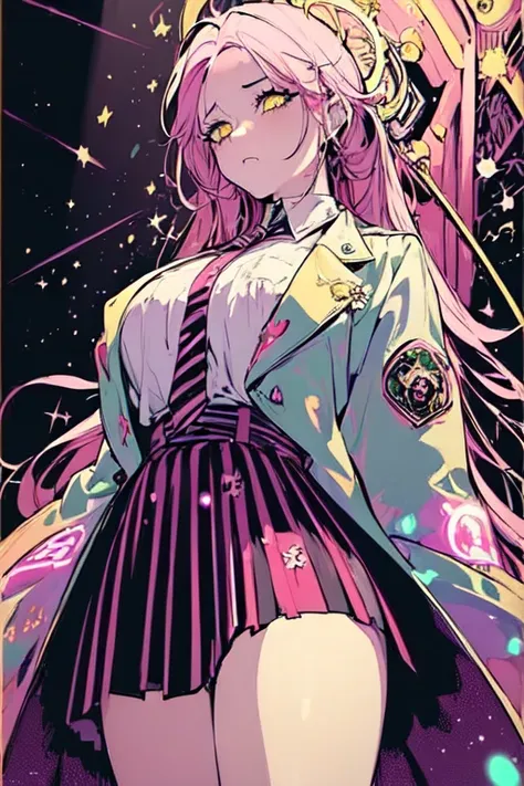 (masterpiece, best quality:1.9), (ultra-detailed:1.3), official art, (zentangle, mandala, tangle, entangle:0.6), 1girl, solo, (pink hair, messy hair, long hair), (angel wings, angel halo), large breasts, (emo punk synthwave:1), yellow eyes, (white shirt, black necktie, green striped coat, open coat), cowboy shot, cinematic lighting, (((glowing light particles))), (arms behind back), dynamic angle,