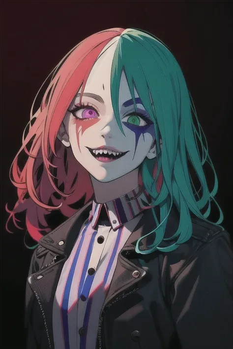 Beetlejuice, official art, 1girl, solo,(demonic, semi realistic, demonic, shiny skin, textured skin),holographic eyes, heterochromia, purple eyes, striped jacket,striped shirt, two tone hair, streaked hair, multicolored hair, red hair, green hair, wild hair, evil scene,teeth, side lighting, ray tracing, depth of field, solo,(zentangle, mandala, tangle, entangle:0.6)extreme light and shadow, masterpiece, post apocalyptic, sexy, beautiful , scary, rich in detail,(detailed eyes), (handsome) detailed, (dirt splotches), (horror theme), (beetlejuice), detailed eyes,(straight-on),(masterpiece), (best quality), (ultra-detailed), (best illustration),(best shadow),rim lighting, beetlejuice, ((Beetlejuice)), crazy grin, crazy expression,