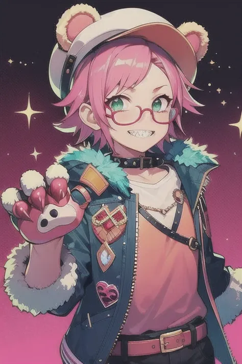 official art, unity 8k wallpaper, ultra detailed, beautiful and aesthetic, High quality, beautiful, masterpiece, best quality, (zentangle, mandala, tangle, entangle:0.6),collar, solo, glasses, animal ears, animal hands, bear ears, teeth, smile, looking at viewer, 1boy, hat, sharp teeth, short hair, pink collar, male focus, grin, jacket, colorful, pink hair, claws, belt collar, fur trim, shirt, spiked collar, water splash, wind swept, glitter,ultra sharp