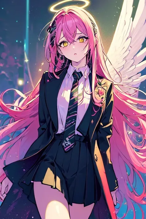 (masterpiece, best quality:1.9), (ultra-detailed:1.3), official art, (zentangle, mandala, tangle, entangle:0.6), 1girl, solo, (pink hair, messy hair, long hair), (angel wings, angel halo), large breasts, (emo punk synthwave:1), yellow eyes, (white shirt, black necktie, green striped coat, open coat), cowboy shot, cinematic lighting, (((glowing light particles))), (arms behind back), dynamic angle,